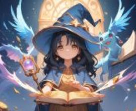 Magic book，A girl holding book and wearing blue dress and hat.