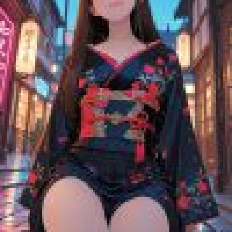 身著和服的女子雙腿張開坐在一家東方商店前的地上。