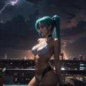 真人版，初音未來，唯美桌布，動漫桌布，城市夜綠髮女