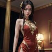 石浩阿姨，一頭棕色長髮，穿著紅色洋裝的女人。