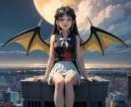 Ooba Juri Magia Record Quebick，A girl with black wings with a moon in the background.