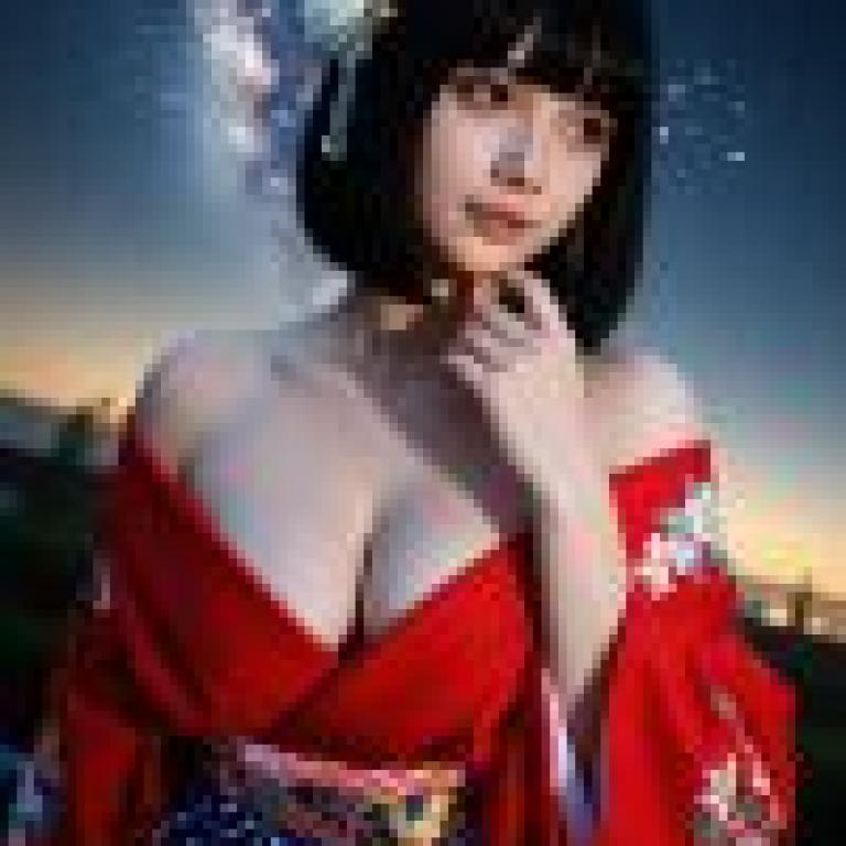 kimono，A woman wearing red dress under the starry night.