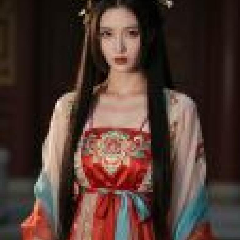 Ancient Chinese beauties，Asian woman in a red kimono looking off to the side.