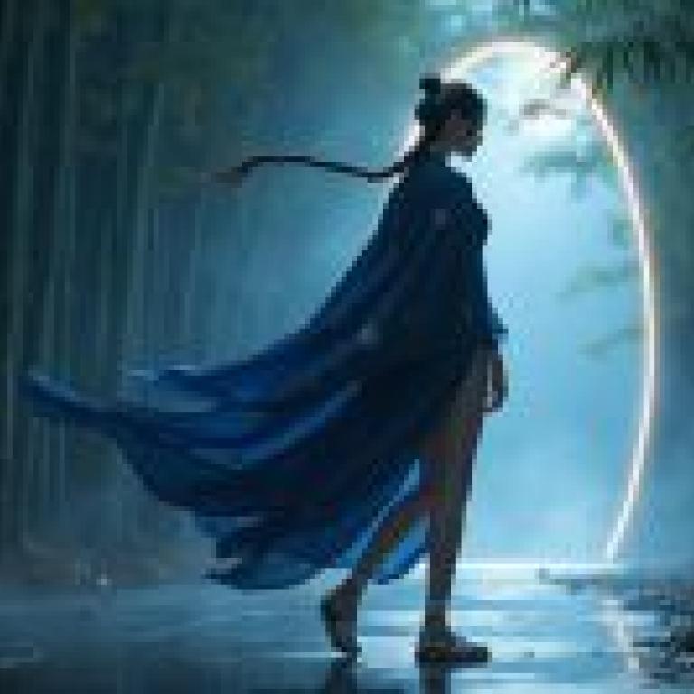 Samurai girl，A girl walking down a path in the rain.