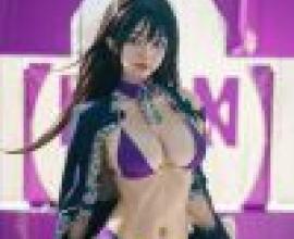 Isekai One Turn Kill Nee san，Kitty cosplay in purple bikini.