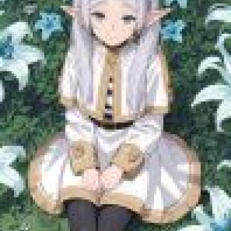 Frieren，A female elf with white hair and blue eyes in the woods.