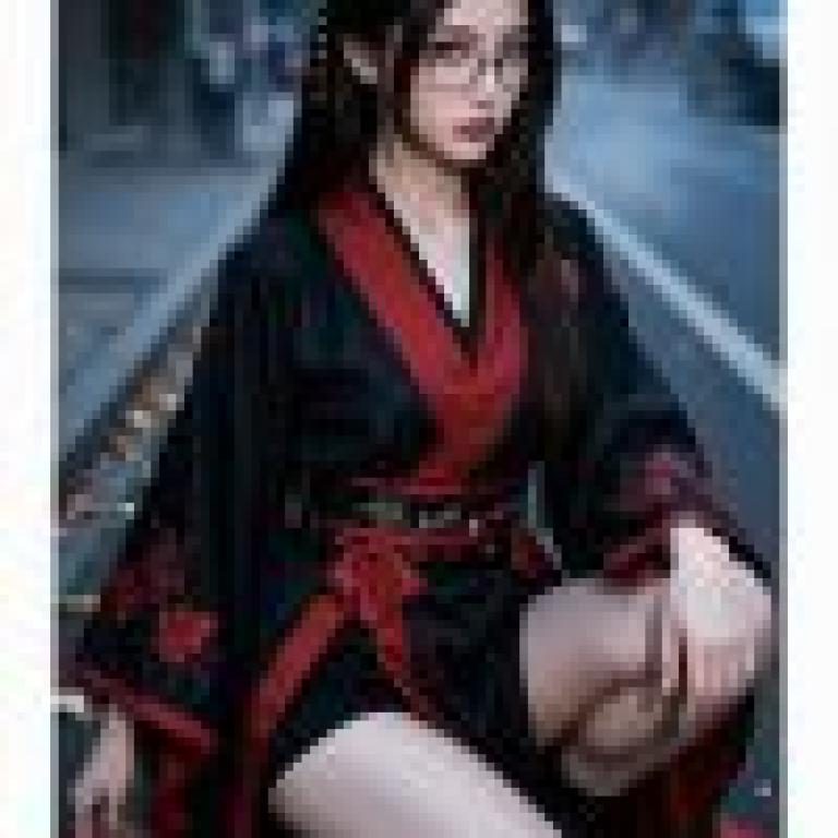 Red Temptation，A girl in red and black sitting on the ground.