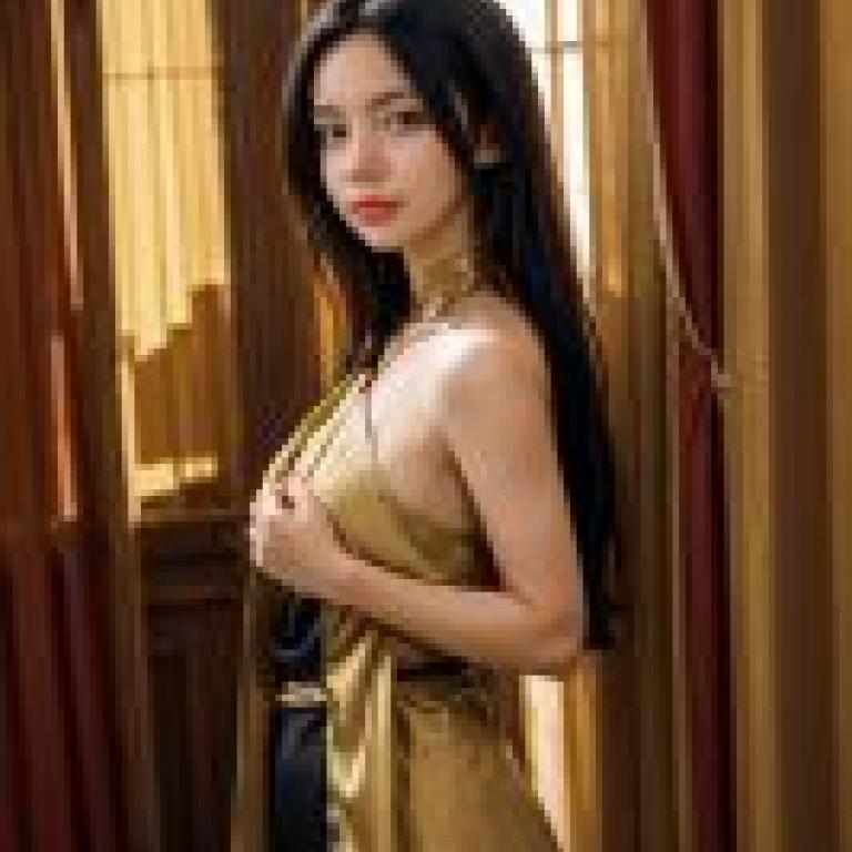 DRLLWoman in gold dress posing for photo.