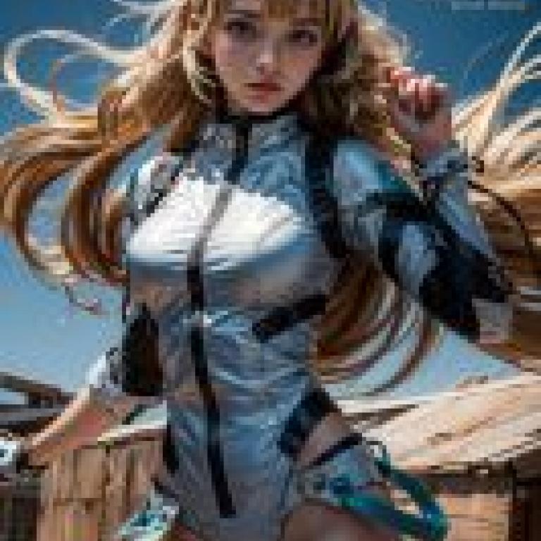 Angela Balzac，一位模特兒身穿帶有藍色線條的銀色連身裙。