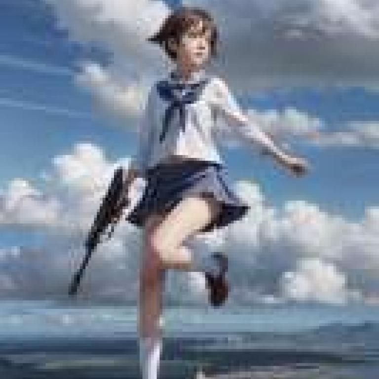 宮藤芳佳，強襲魔女，一個手持弓箭和槍在空中飛行的女孩。