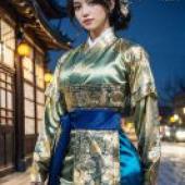 Mobile wallpaper， Korean ancient clothing， realistic， this is a Nisigre ad with a woman in gold and blue clothing.