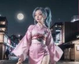 幽遊白書，牡丹，月夜和服舞 - 城市燈影下，滿月夜空，牡丹女孩在城市舞台上獨舞。