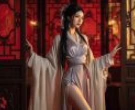 古代女性，一位身穿和服的女子站在一面紅牆前。