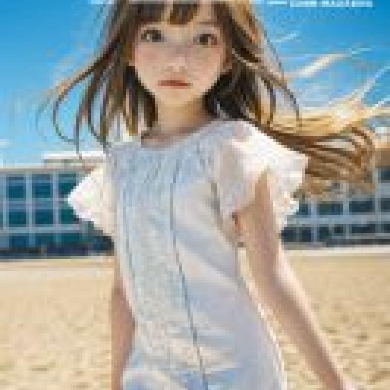 Rin Kaga  鹿賀 りん，一個穿著白衣的女孩站在大海前。