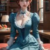 Victorian DressA woman with long hair and red lipstick sits on the couch.