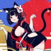 yamashiro azur lane，Cat in red with cat head on her shoulder.