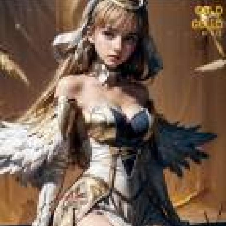 Mobile wallpaper， Cloche Leythal Pastalia Ar Tonelico Magic Tower Continent 2， realistic， a girl in a golden dress with wings on her arms.
