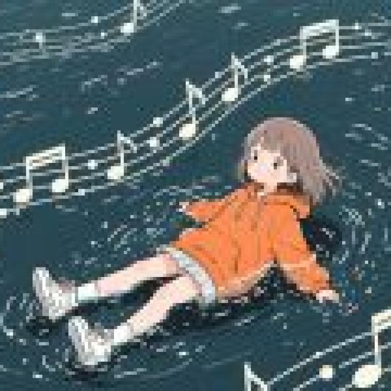沉浸在音樂中，一個穿著橘色連帽衫的女孩仰躺著，周圍環繞著音符。