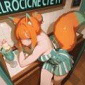 Cat World Bar，A girl with fox ears looking at her phone.