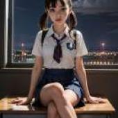 Shizuka Minamoto 源靜香，一位坐在書桌前，看著鏡頭的少女。
