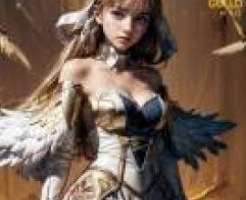 手機桌布，Cloche Leythal Pastalia Ar Tonelico 魔塔大陸2，寫實，一個身穿金色連身裙的女孩，手臂上有翅膀。