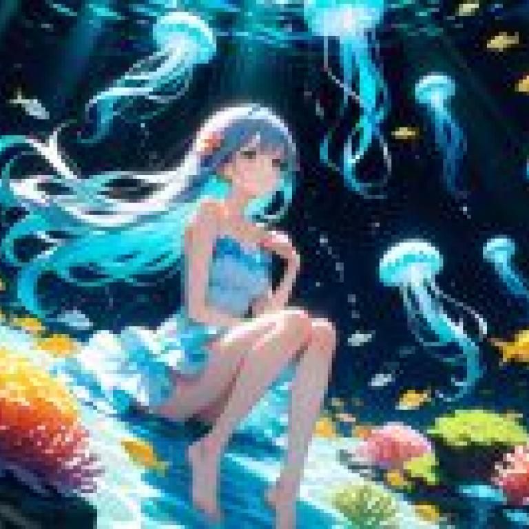 水下場景：一個女孩坐在海裡，旁邊有幾隻水母。