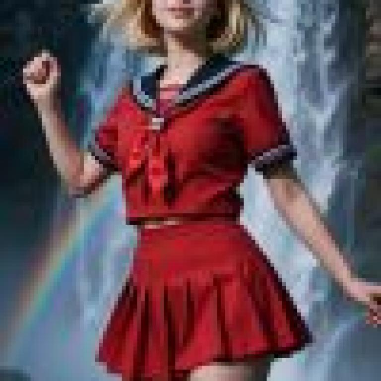 女孩們，一個穿著紅色衣服的女孩站在瀑布旁。