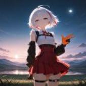 白星公主內利多，一位穿著紅裙的女孩站在湖邊。