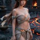 Volcano Goddess，The red haired model is wearing a golden necklace and a white outfit.