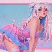 Trapped in a dream，Pink hair and blue dress woman with bow in her hair.