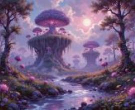 Fantasy Wilderness Illustration，Purple mushrooms on an island.