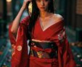 red kimono，A woman in a red kimono with a rose flower in her hair.