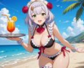 girls，A cartoon of a girl with a tray on a beach.