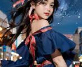 Mobile phone wallpaper， RRQ Salma (Indonesia Woman)， realistic， a girl wearing a blue dress with a red bow.