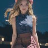 Serena， Pokemon，A young girl is wearing a blue shirt and has her legs crossed.