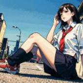 A corner of the city，A girl talking on the phone while wearing a red tie.