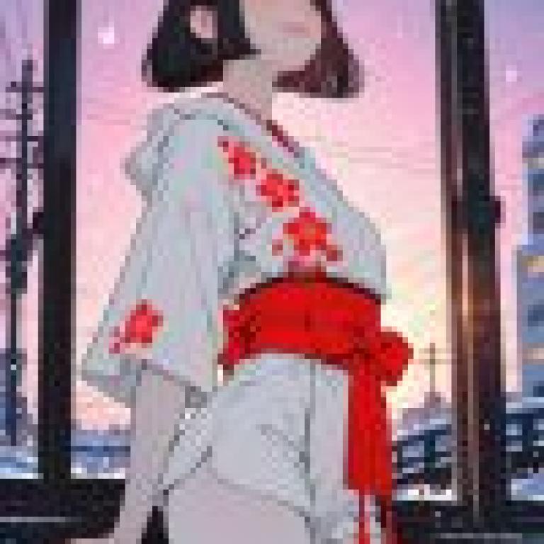 和服，紅色花朵的動漫圖片。