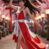 Shiranui Mai， 不知火舞，A girl with long brown hair dancing under a cherry blossom tree.