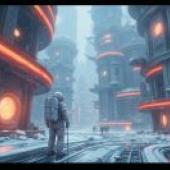 Invasion of the city，A scene from an animated video game with people in white spacesuits walking through snow.