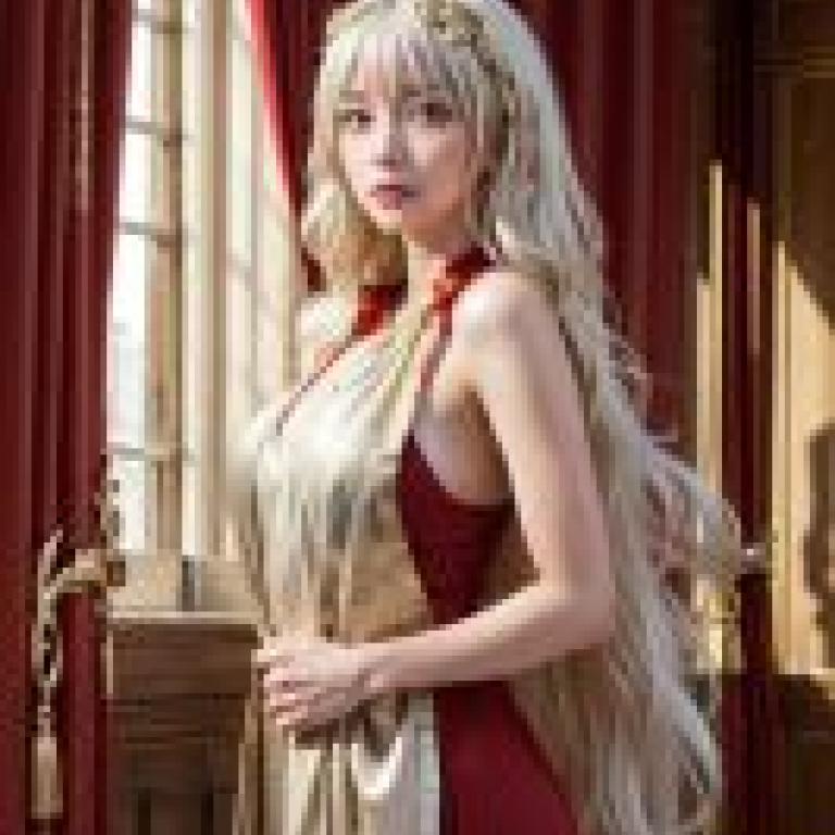 white haired girlA young lady wearing a gold dress and headpiece.