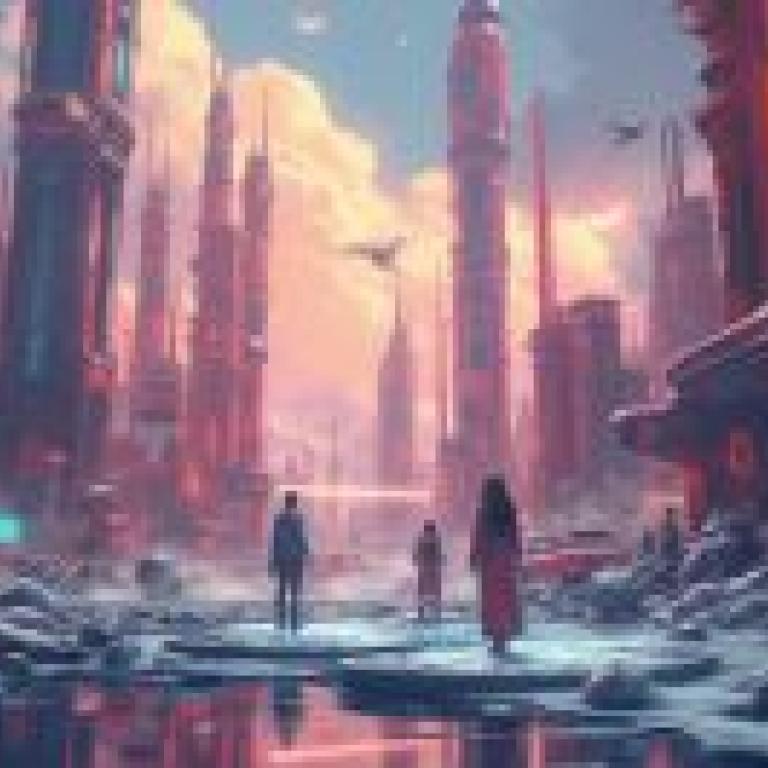 Invasion of the city，Three people walking in the snow in front of tall buildings.