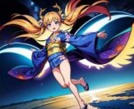 動漫美少女人物，「夢幻尾巴奇遇 - 吉田Chizuko的太空藝術，黃紅尾巴的藍裙少女桌布免費下載」