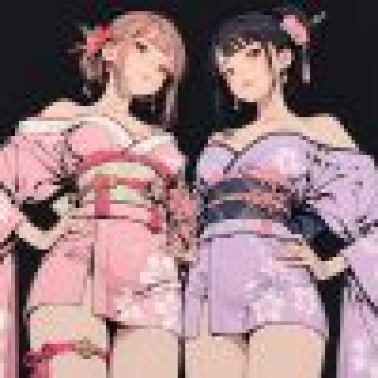 kimono，Two girls with pink and purple outfits with bows in their hair.