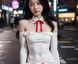 韓國漂亮女孩，一位身穿荷葉邊連身裙的女子，她的衣服上印有「時尚」字樣。