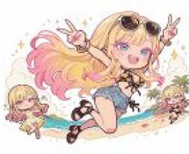 chibi，Cartoon girls flying on beach.