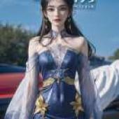 李慕婉，藍色連身裙，金色點綴。