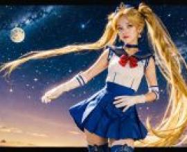 水手月亮，一個有著藍色頭髮和紅色蝴蝶結的女孩，正看著鏡頭。