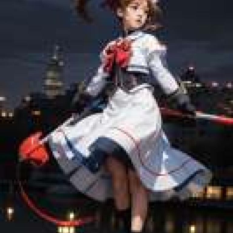 高町奈葉，魔法少女，穿著裙子，戴著蝴蝶結，手持紅色魔杖的女孩。