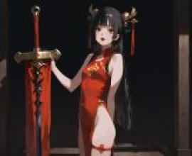 旗袍與中國式巨劍，一位身著紅衣的女子手持寶劍。