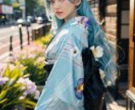 手機桌布，Yoshio 55level，寫實，「藍髮和服的浪漫幻想」